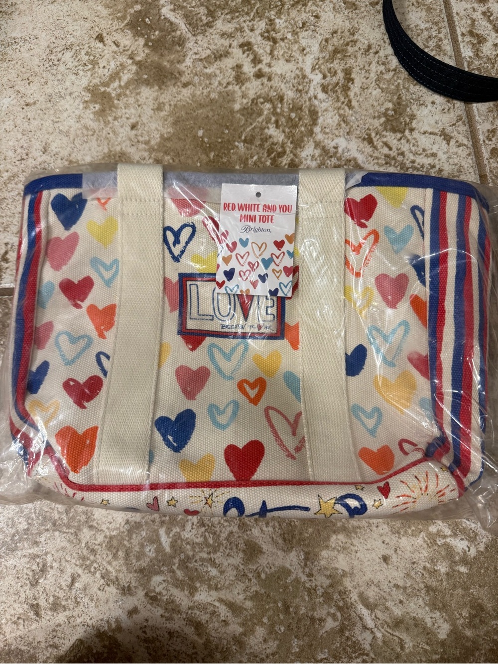 Brighton Red White and You Mini Tote with Multicolor Heart and Striped Trim